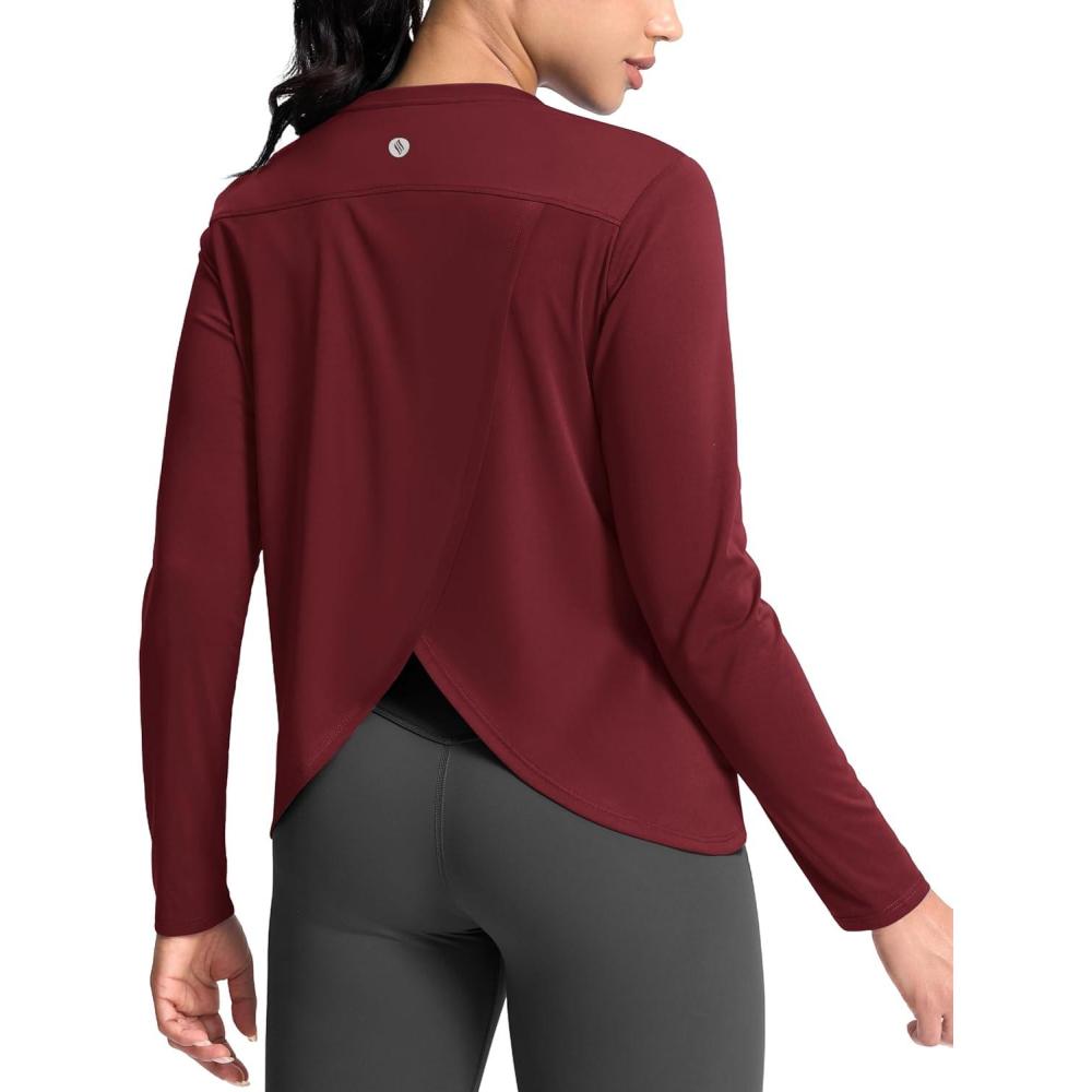 imageSANTINY Womens Lightweight Long Sleeve Workout Tops Split Back Gym Running Hiking Athletic Shirt Quick Dry UPF 50 Sun ShirtWine