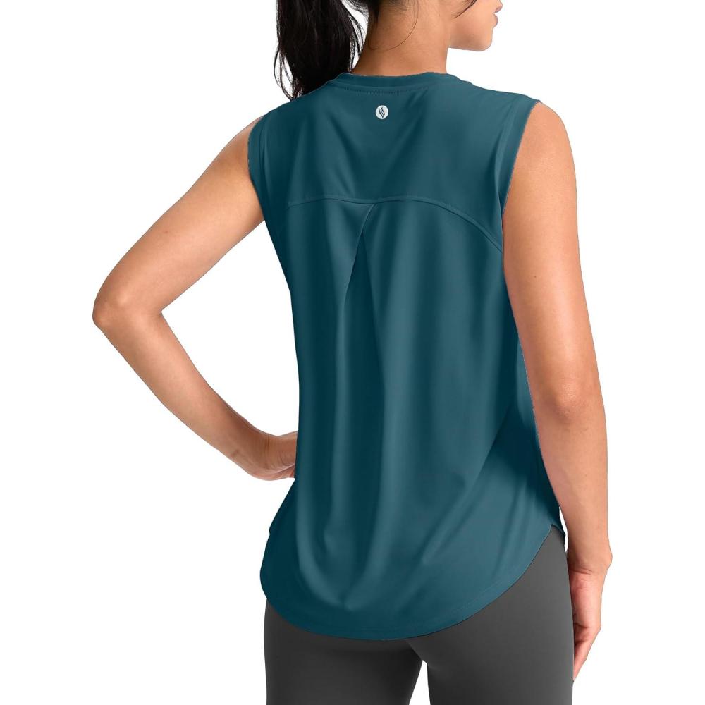 imageSANTINY Womens Sleeveless Workout Tops Breathable Lightweight Active Tennis Yoga Shirts Athletic Running Tank Tops for WomenTeal
