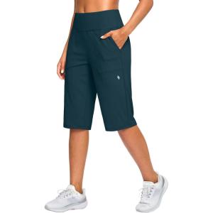 SANTINY 14″ Shorts for Women Knee Length with Pockets High Waisted Stretch Long Bermuda Shorts for Summer Dressy Casual(Dark Blue)