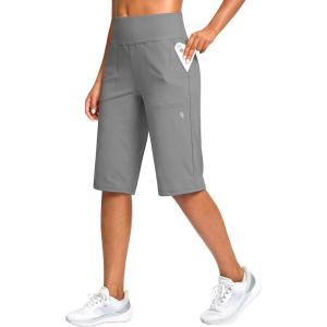 SANTINY 14″ Shorts for Women Knee Length with Pockets High Waisted Stretch Long Bermuda Shorts for Summer Dressy Casual(Light Grey)