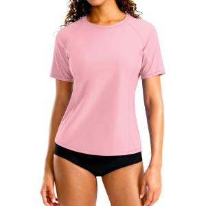 SANTINY Rash Guard for Women UPF 50+ Bathing Suit Sun Protection Short Sleeve Swimsuit Top Quick Dry Swim Shirts for Women(Pink)