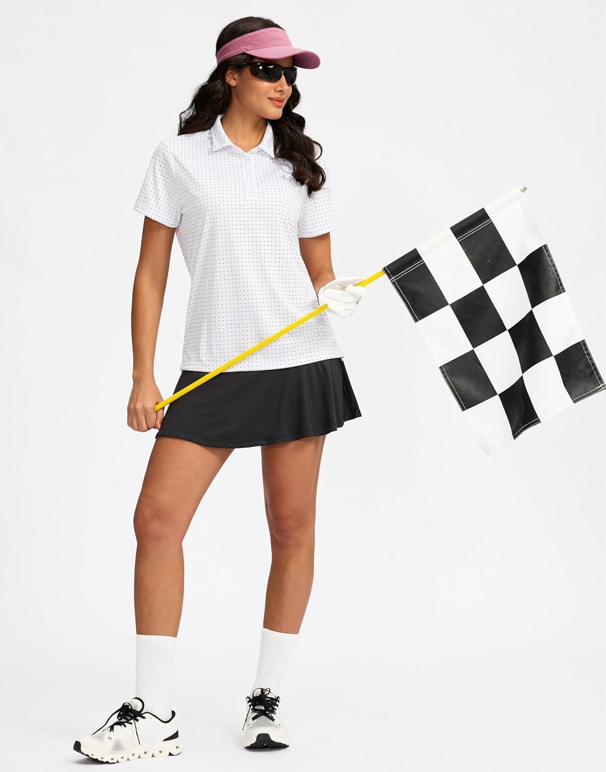 imageWomens Golf Shirt Short Sleeve Lightweight Moisture Wicking Work Tennis Tops Collared Polo Shirts for Women with 4ButtonBlack Dot