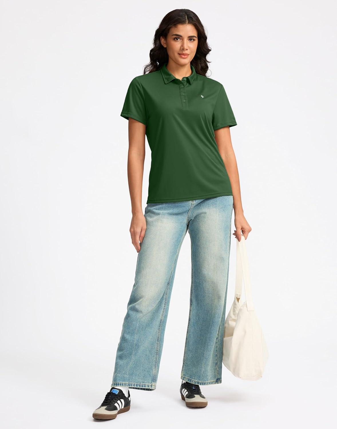 imageWomens Golf Shirt Short Sleeve Lightweight Moisture Wicking Work Tennis Tops Collared Polo Shirts for Women with 4ButtonGreen