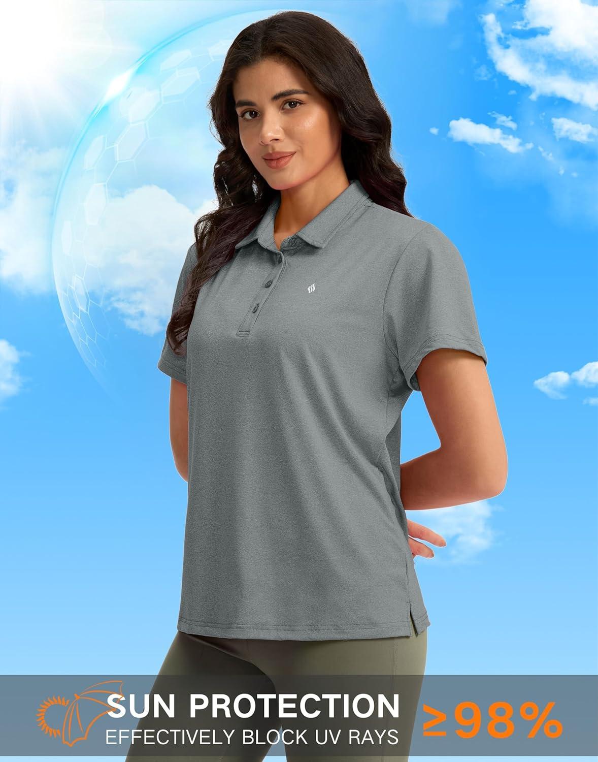 imageWomens Golf Shirt Short Sleeve Lightweight Moisture Wicking Work Tennis Tops Collared Polo Shirts for Women with 4ButtonHeather Grey