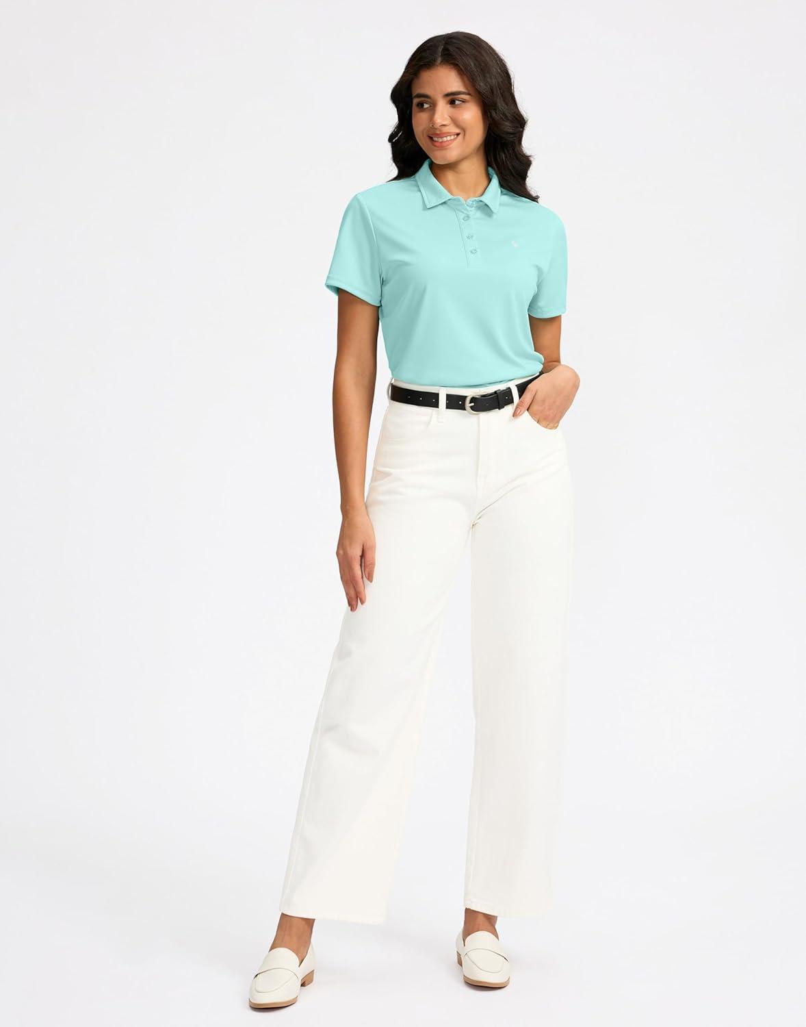 imageWomens Golf Shirt Short Sleeve Lightweight Moisture Wicking Work Tennis Tops Collared Polo Shirts for Women with 4ButtonLight Green