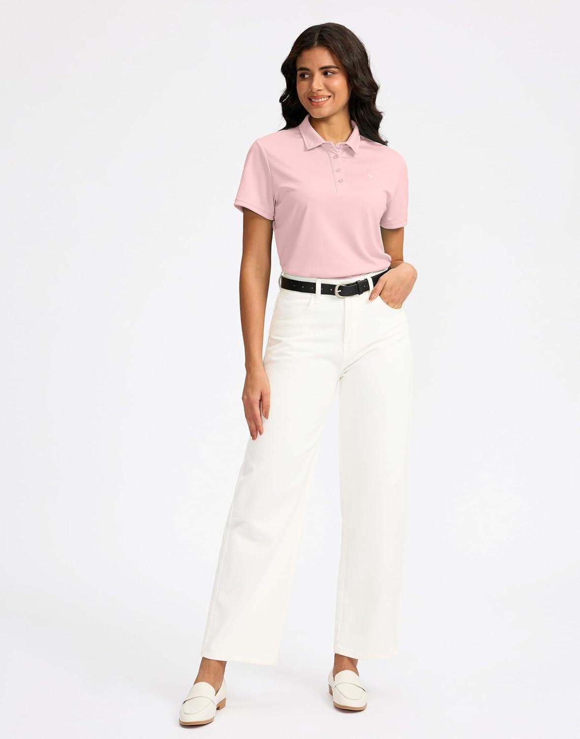 imageWomens Golf Shirt Short Sleeve Lightweight Moisture Wicking Work Tennis Tops Collared Polo Shirts for Women with 4ButtonPink