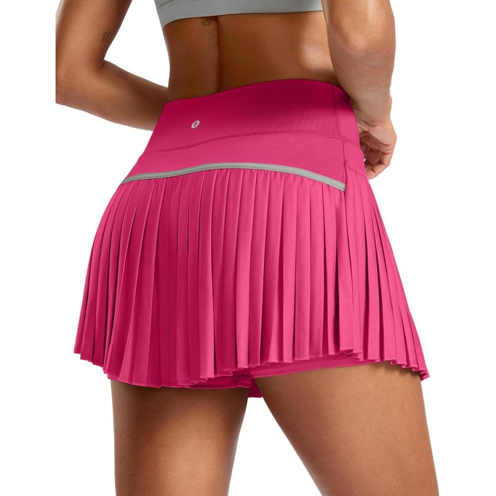 imageSANTINY Pleated Tennis Skirt for Women with Pockets High Waisted Athletic Golf Skorts with Shorts for Workout PickleballDeep Pink