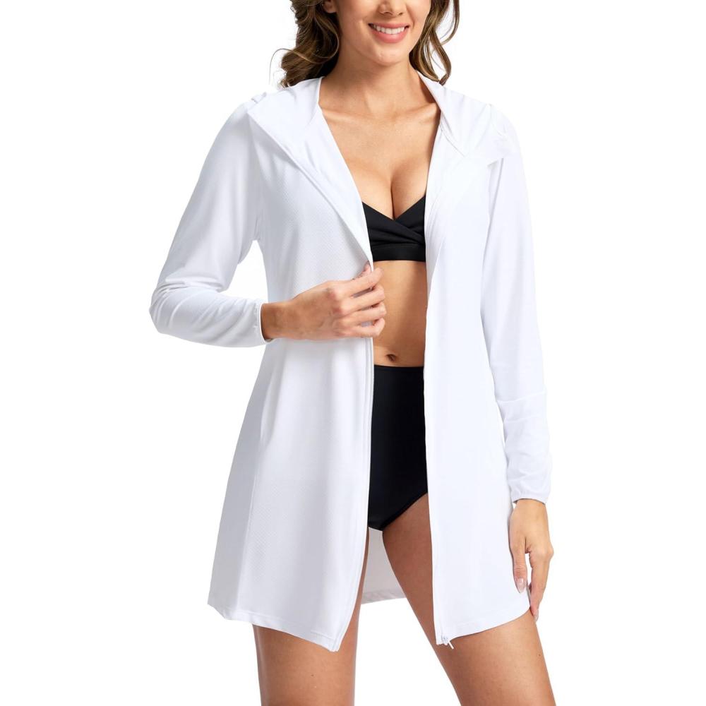 imageSANTINY Womens UPF50 Swim Cover Up Sun Protection Hoodie Long UV Jacket SPF Lightweight Swimsuit Beach Cover Ups for WomenA White