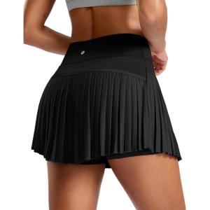SANTINY Pleated Tennis Skirt for Women with Pockets High Waisted Athletic Golf Skorts with Shorts for Workout Pickleball(Black)