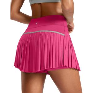 SANTINY Pleated Tennis Skirt for Women with Pockets High Waisted Athletic Golf Skorts with Shorts for Workout Pickleball(Deep Pink)