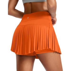 SANTINY Pleated Tennis Skirt for Women with Pockets High Waisted Athletic Golf Skorts with Shorts for Workout Pickleball(Orange)