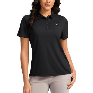 Women’s Golf Shirt Short Sleeve Lightweight Moisture Wicking Work Tennis Tops Collared Polo Shirts for Women with 4-Button(Black)