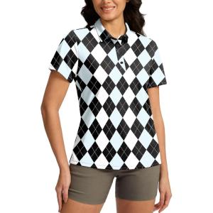Women’s Golf Shirt Short Sleeve Lightweight Moisture Wicking Work Tennis Tops Collared Polo Shirts for Women with 4-Button(Black Blue Argyle)