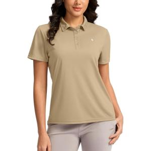 Women’s Golf Shirt Short Sleeve Lightweight Moisture Wicking Work Tennis Tops Collared Polo Shirts for Women with 4-Button(Khaki)