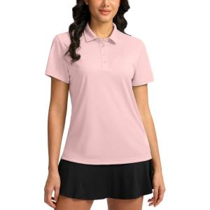 Women’s Golf Shirt Short Sleeve Lightweight Moisture Wicking Work Tennis Tops Collared Polo Shirts for Women with 4-Button(Pink)