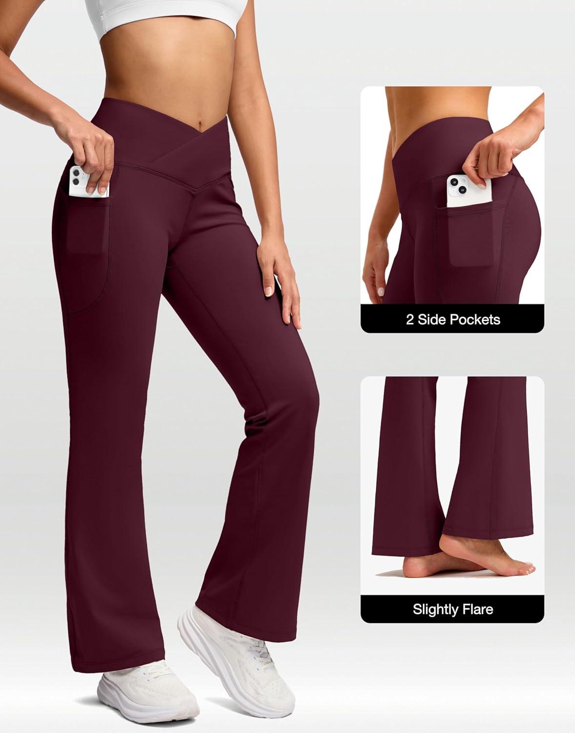 image:imageSANTINY Womens Fleece Lined Pants with Pockets Crossover Yoga Pants 28530532 Thermal Warm Flare Leggings for WomenWine Red