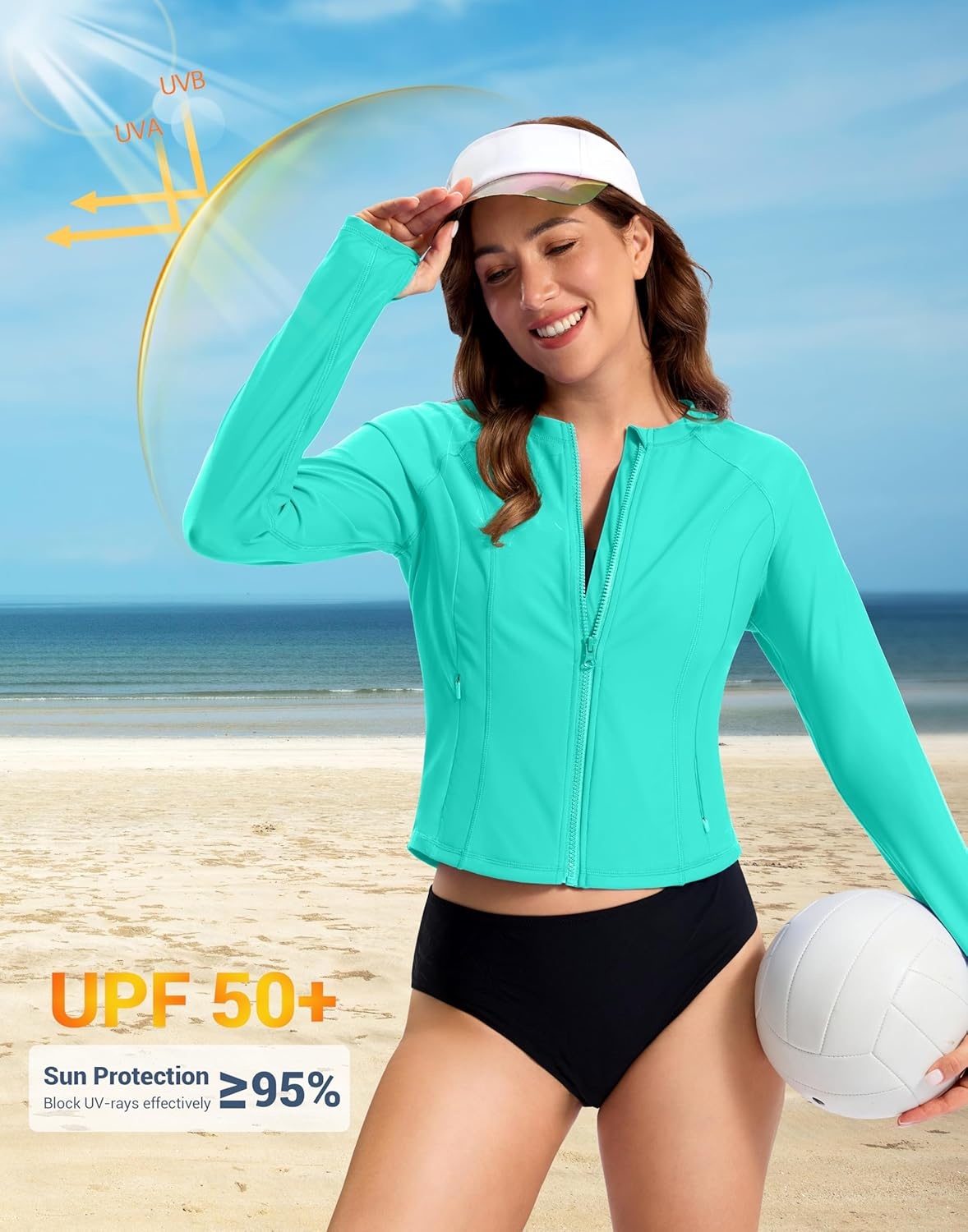 image:imageSANTINY Cropped Rash Guard Women Swimsuits with Zipper Pockets UPF50 Sun Protection Long Sleeve Swim Shirt Crop TopsAqua