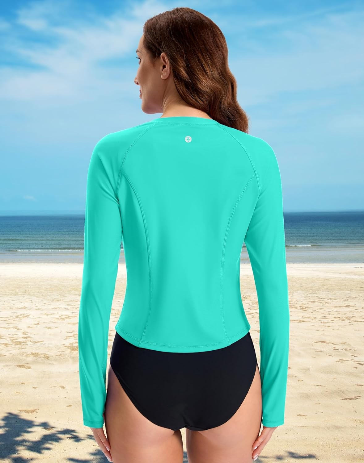 image:imageSANTINY Cropped Rash Guard Women Swimsuits with Zipper Pockets UPF50 Sun Protection Long Sleeve Swim Shirt Crop TopsAqua