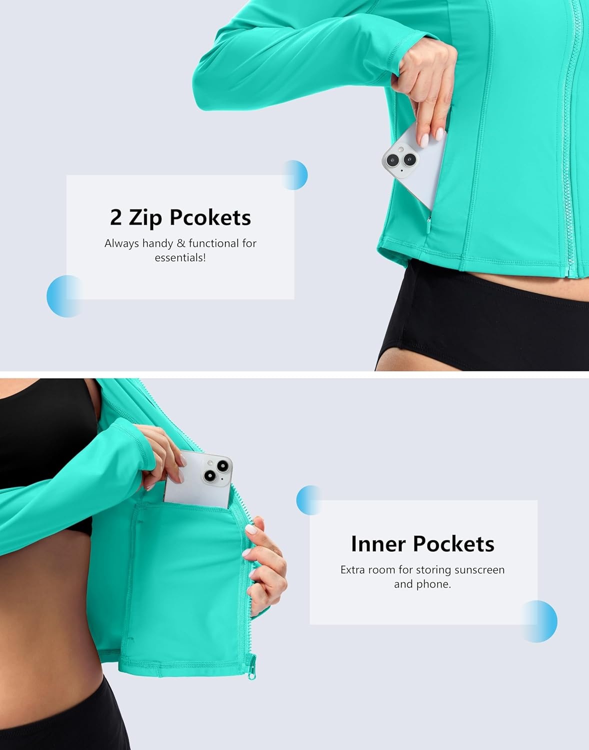 image:imageSANTINY Cropped Rash Guard Women Swimsuits with Zipper Pockets UPF50 Sun Protection Long Sleeve Swim Shirt Crop TopsAqua