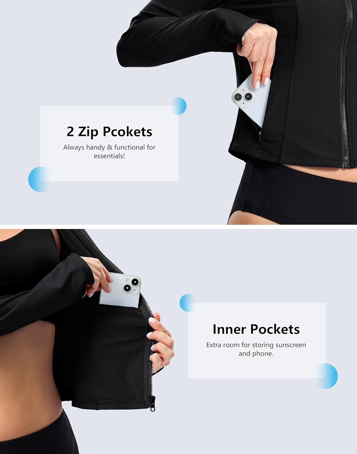 image:imageSANTINY Cropped Rash Guard Women Swimsuits with Zipper Pockets UPF50 Sun Protection Long Sleeve Swim Shirt Crop TopsBlack