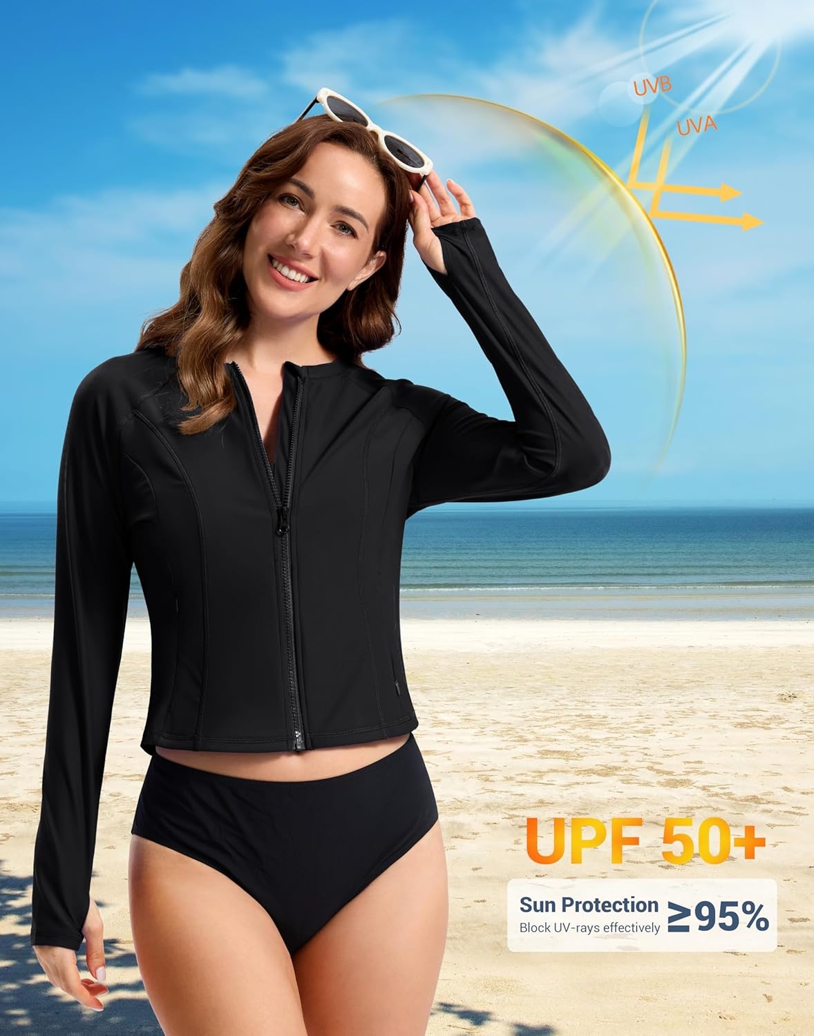 image:imageSANTINY Cropped Rash Guard Women Swimsuits with Zipper Pockets UPF50 Sun Protection Long Sleeve Swim Shirt Crop TopsBlack