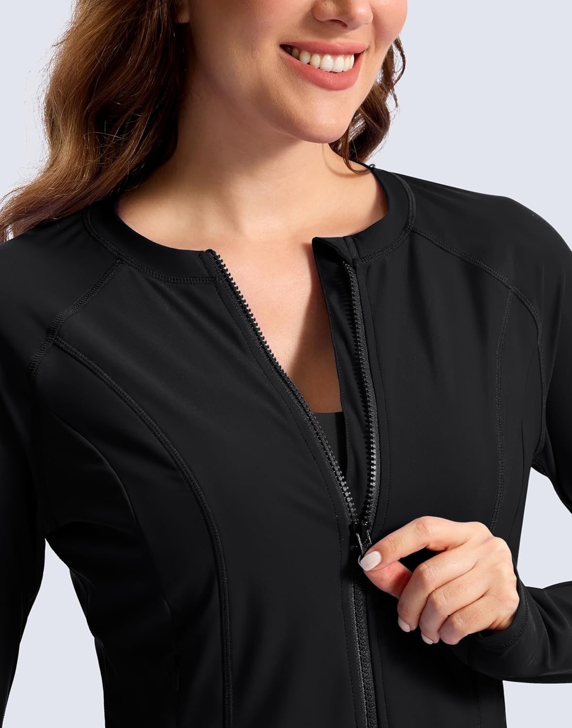 image:imageSANTINY Cropped Rash Guard Women Swimsuits with Zipper Pockets UPF50 Sun Protection Long Sleeve Swim Shirt Crop TopsBlack