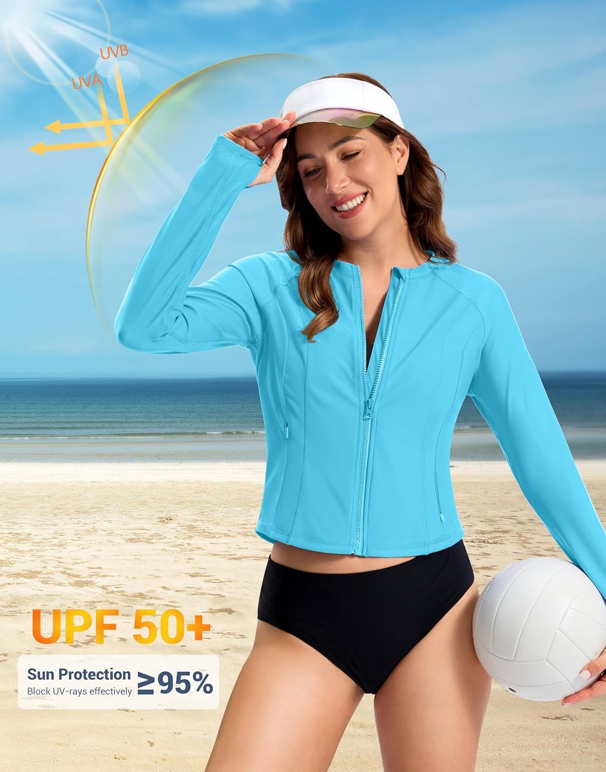image:imageSANTINY Cropped Rash Guard Women Swimsuits with Zipper Pockets UPF50 Sun Protection Long Sleeve Swim Shirt Crop TopsLight Blue