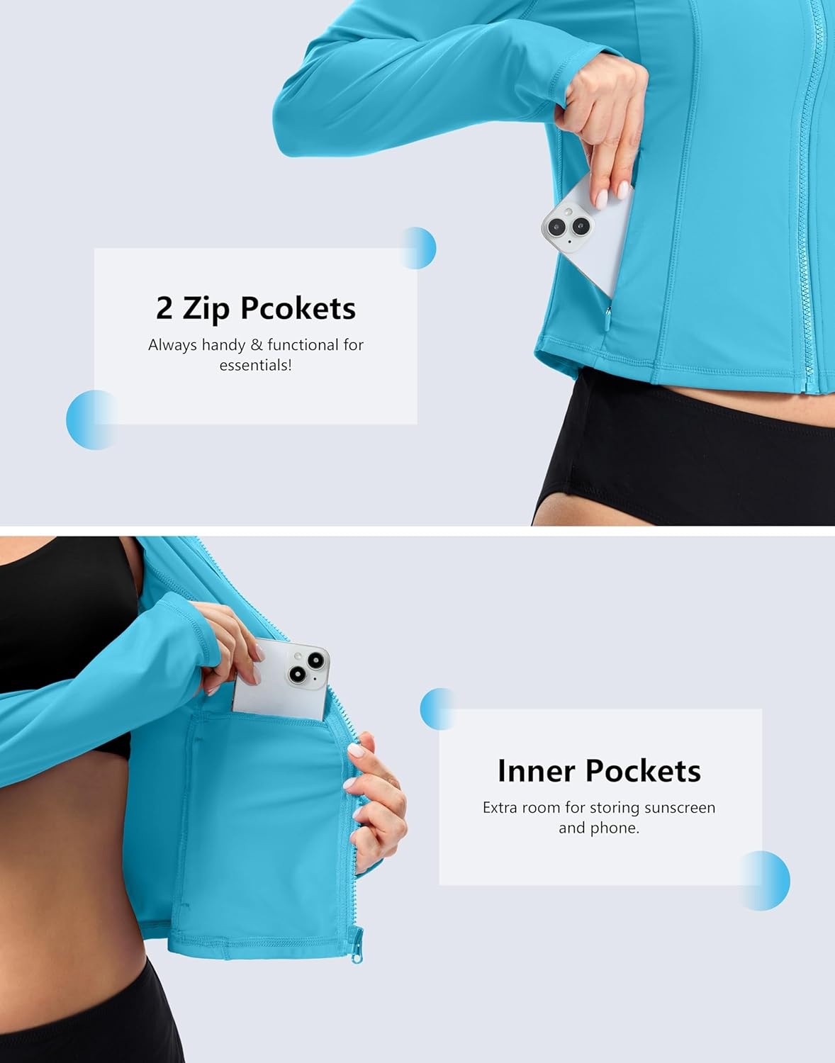 image:imageSANTINY Cropped Rash Guard Women Swimsuits with Zipper Pockets UPF50 Sun Protection Long Sleeve Swim Shirt Crop TopsLight Blue