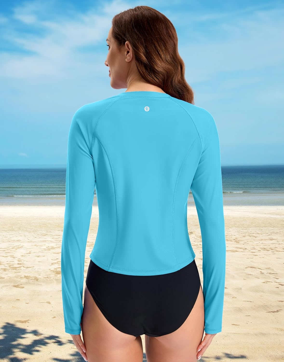 image:imageSANTINY Cropped Rash Guard Women Swimsuits with Zipper Pockets UPF50 Sun Protection Long Sleeve Swim Shirt Crop TopsLight Blue