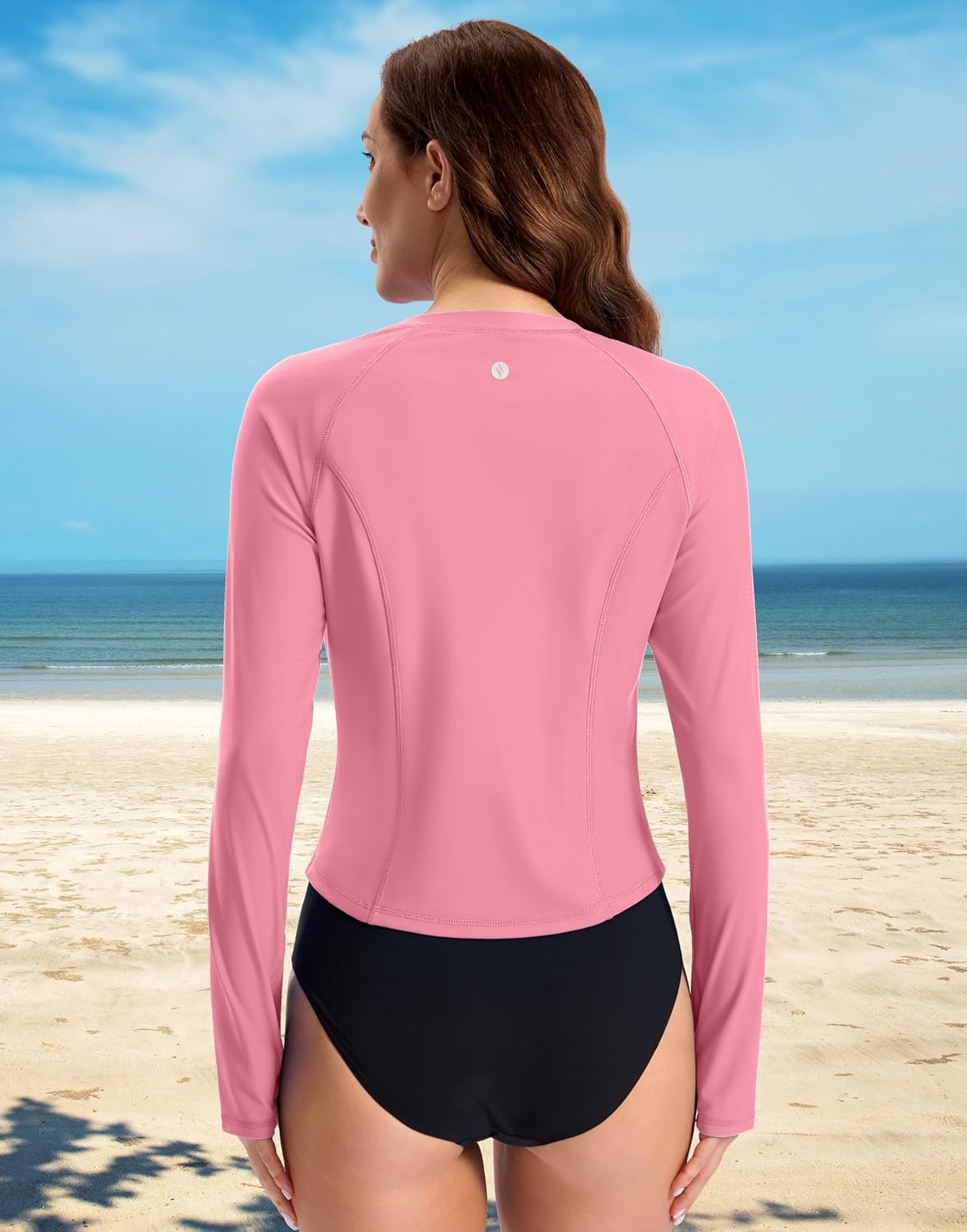 image:imageSANTINY Cropped Rash Guard Women Swimsuits with Zipper Pockets UPF50 Sun Protection Long Sleeve Swim Shirt Crop TopsPink