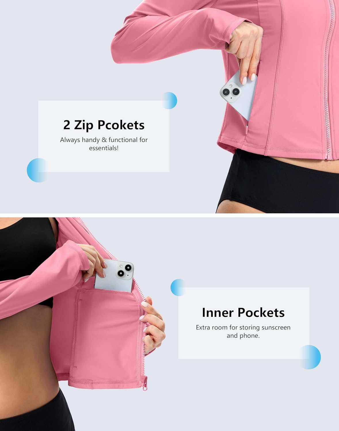 image:imageSANTINY Cropped Rash Guard Women Swimsuits with Zipper Pockets UPF50 Sun Protection Long Sleeve Swim Shirt Crop TopsPink