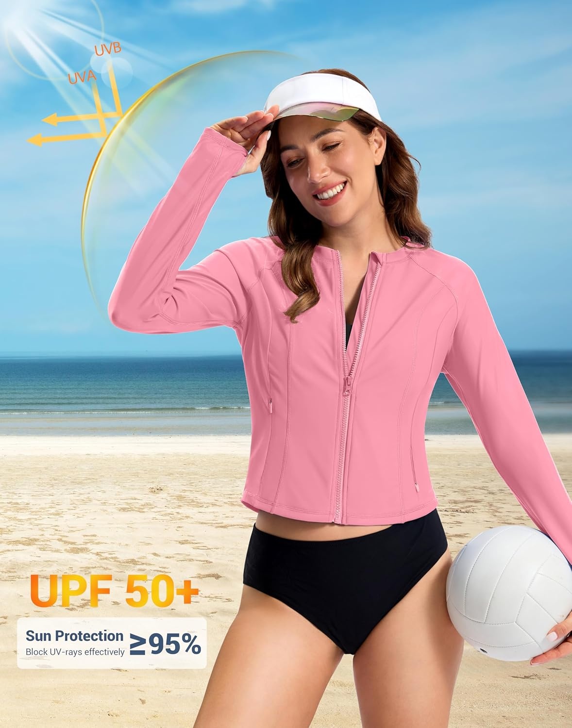 image:imageSANTINY Cropped Rash Guard Women Swimsuits with Zipper Pockets UPF50 Sun Protection Long Sleeve Swim Shirt Crop TopsPink