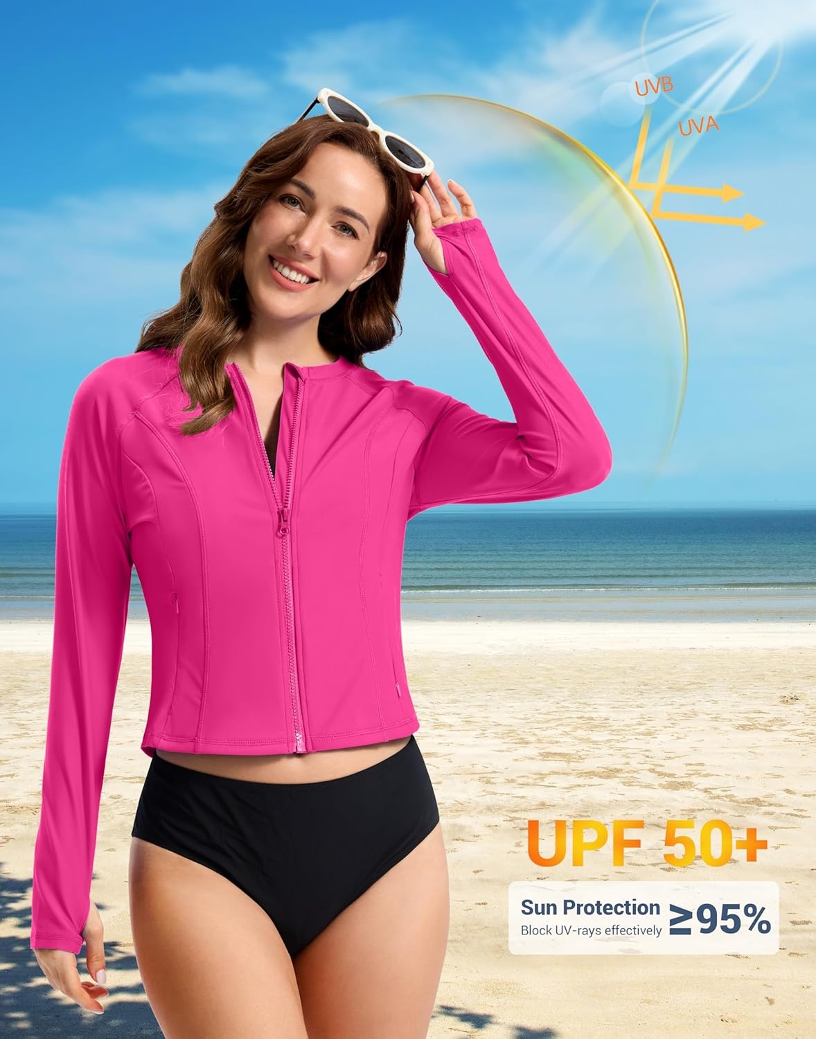 image:imageSANTINY Cropped Rash Guard Women Swimsuits with Zipper Pockets UPF50 Sun Protection Long Sleeve Swim Shirt Crop TopsRose