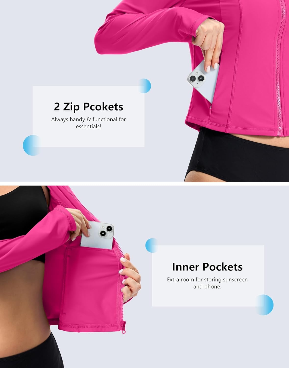 image:imageSANTINY Cropped Rash Guard Women Swimsuits with Zipper Pockets UPF50 Sun Protection Long Sleeve Swim Shirt Crop TopsRose