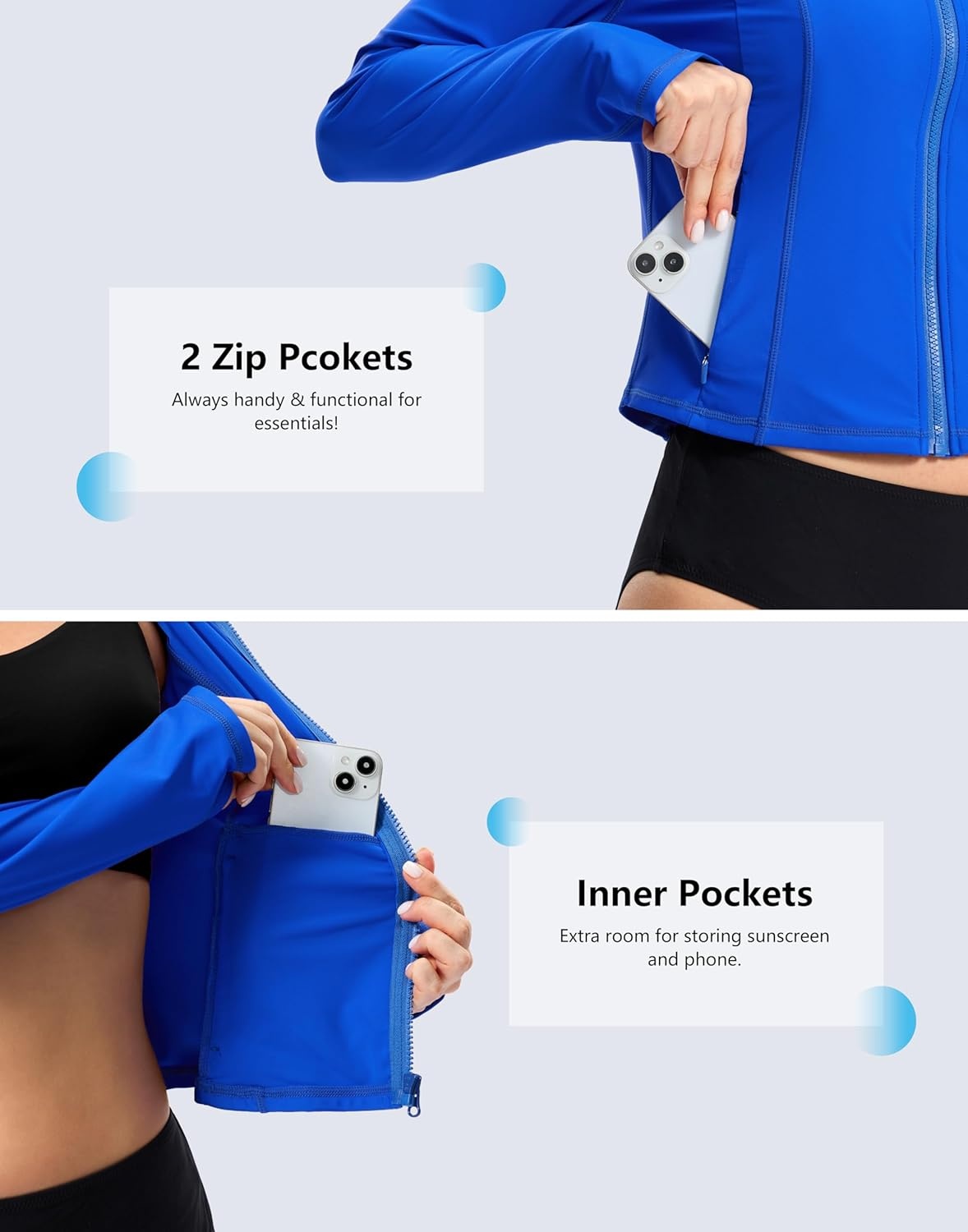 image:imageSANTINY Cropped Rash Guard Women Swimsuits with Zipper Pockets UPF50 Sun Protection Long Sleeve Swim Shirt Crop TopsRoyal Blue