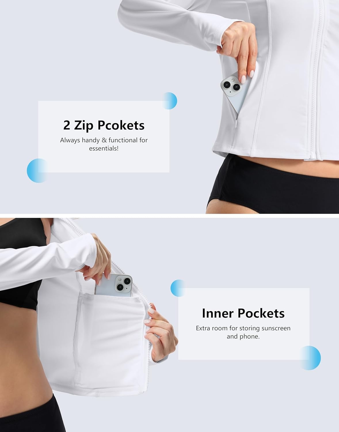 image:imageSANTINY Cropped Rash Guard Women Swimsuits with Zipper Pockets UPF50 Sun Protection Long Sleeve Swim Shirt Crop TopsWhite