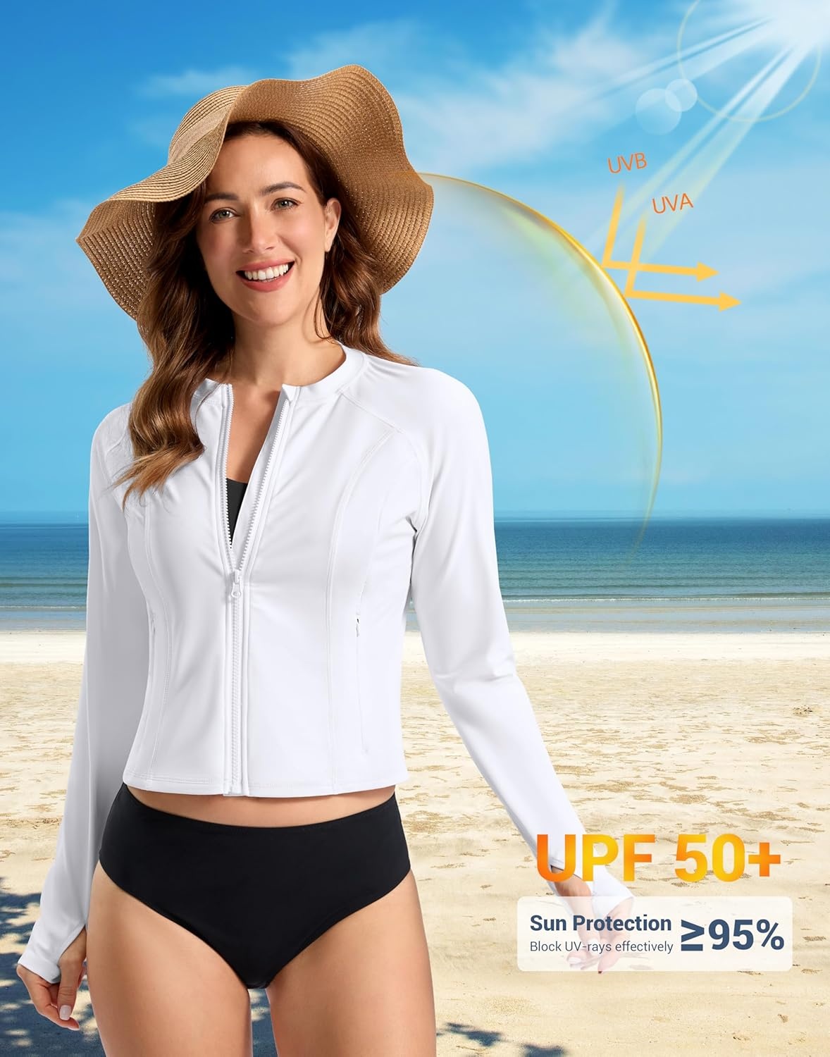 image:imageSANTINY Cropped Rash Guard Women Swimsuits with Zipper Pockets UPF50 Sun Protection Long Sleeve Swim Shirt Crop TopsWhite