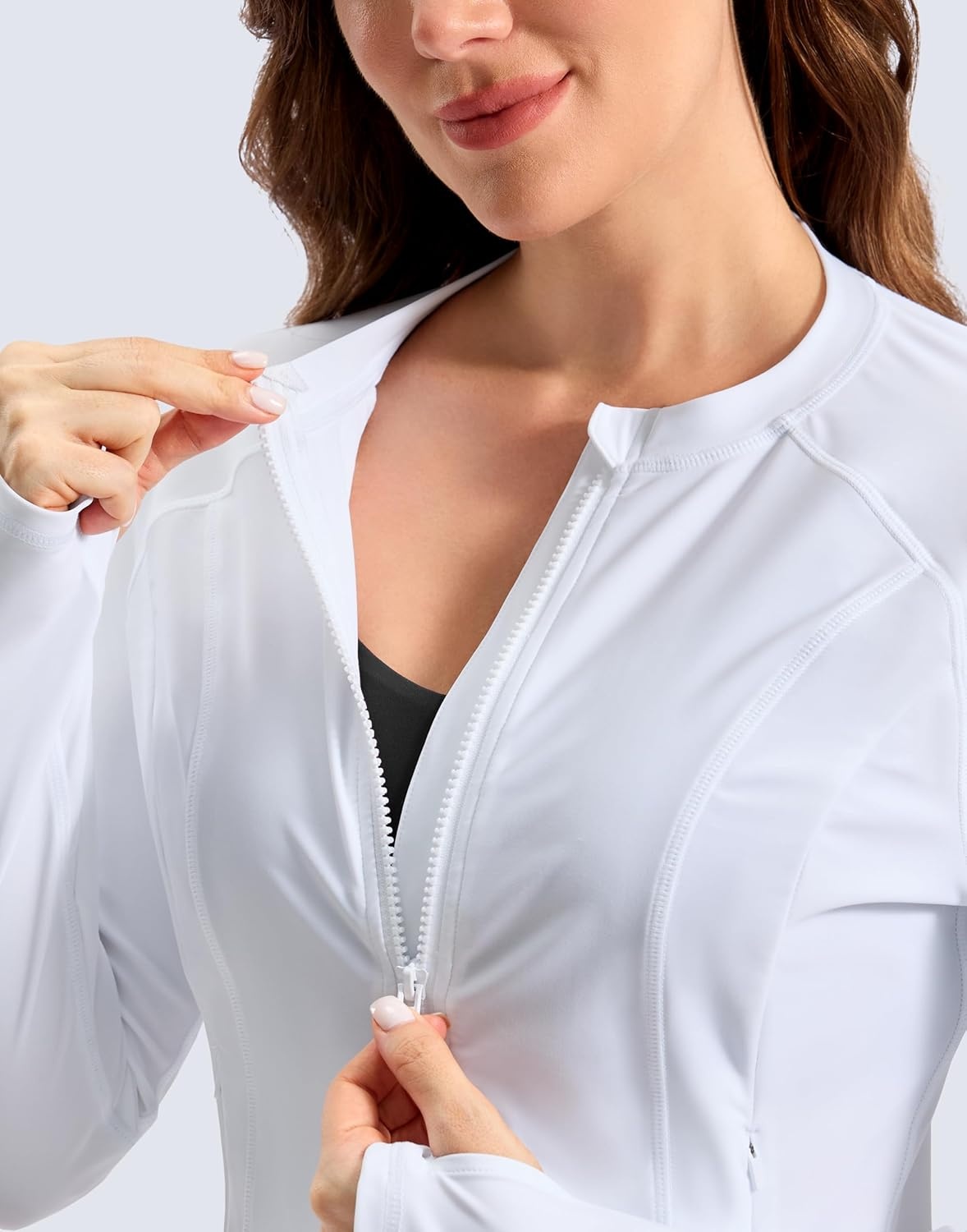 image:imageSANTINY Cropped Rash Guard Women Swimsuits with Zipper Pockets UPF50 Sun Protection Long Sleeve Swim Shirt Crop TopsWhite