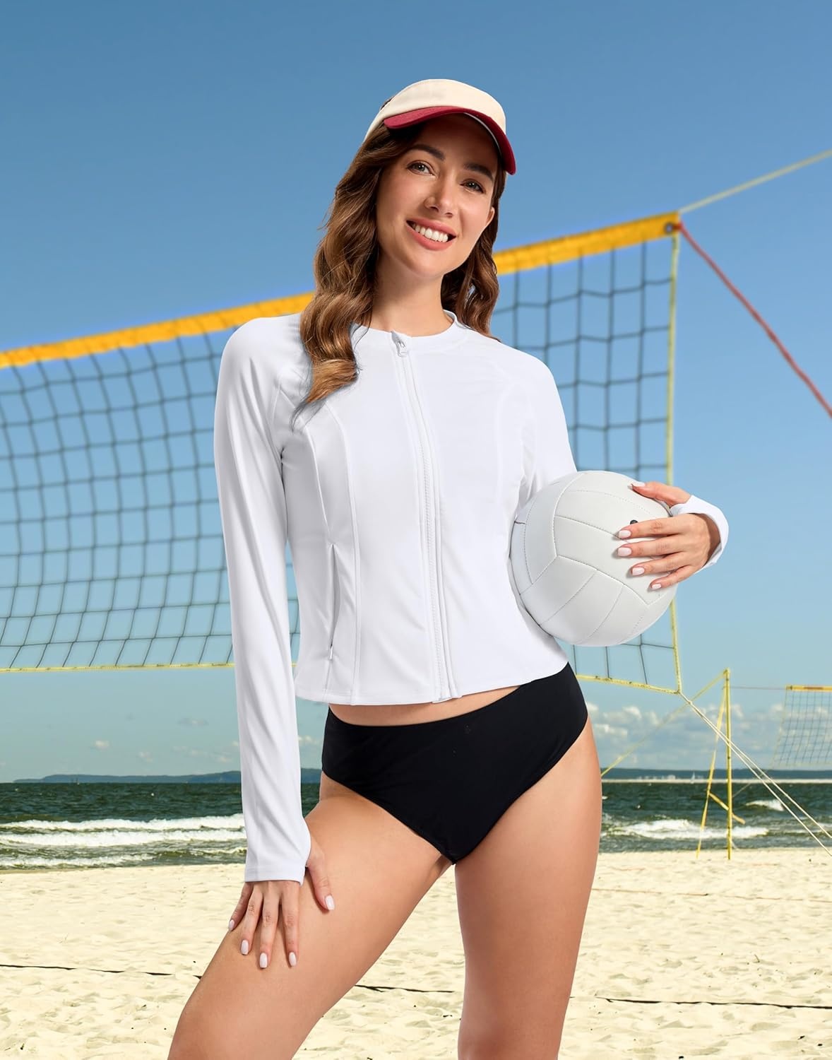 image:imageSANTINY Cropped Rash Guard Women Swimsuits with Zipper Pockets UPF50 Sun Protection Long Sleeve Swim Shirt Crop TopsWhite