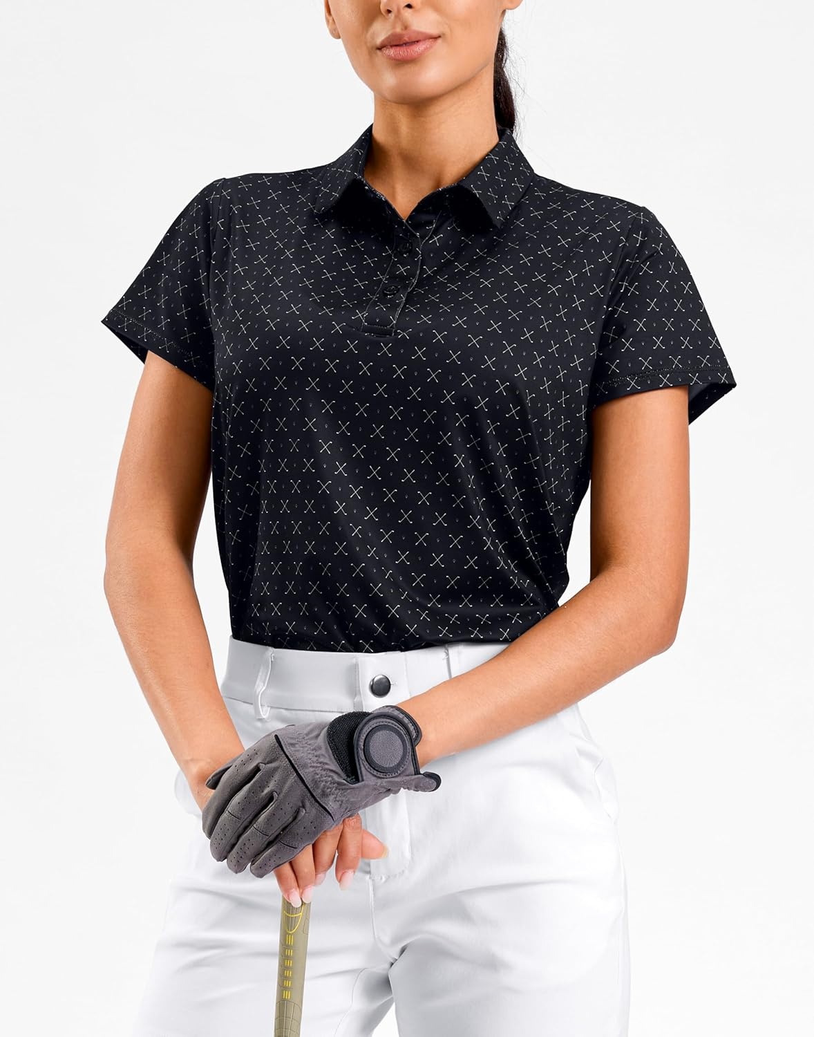 image:imageSANTINY Golf Polo Shirts for Women Short Sleeve Quick Dry 3 Buttons Collared Pickleball Shirt Summer Golf Tennis TopsBlack Golf Clubs