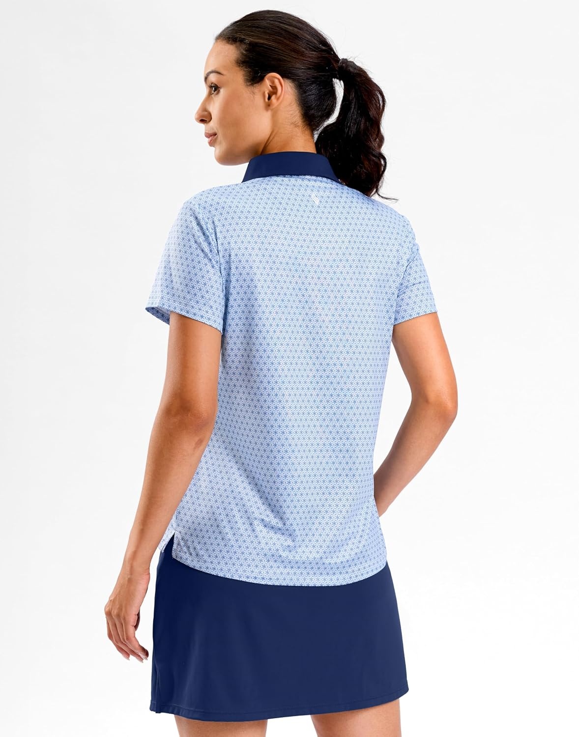 image:imageSANTINY Golf Polo Shirts for Women Short Sleeve Quick Dry 3 Buttons Collared Pickleball Shirt Summer Golf Tennis TopsBlue Geo Printed