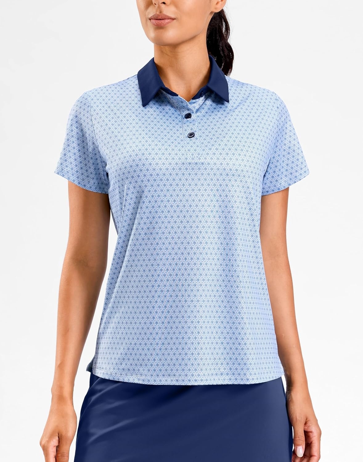 image:imageSANTINY Golf Polo Shirts for Women Short Sleeve Quick Dry 3 Buttons Collared Pickleball Shirt Summer Golf Tennis TopsBlue Geo Printed