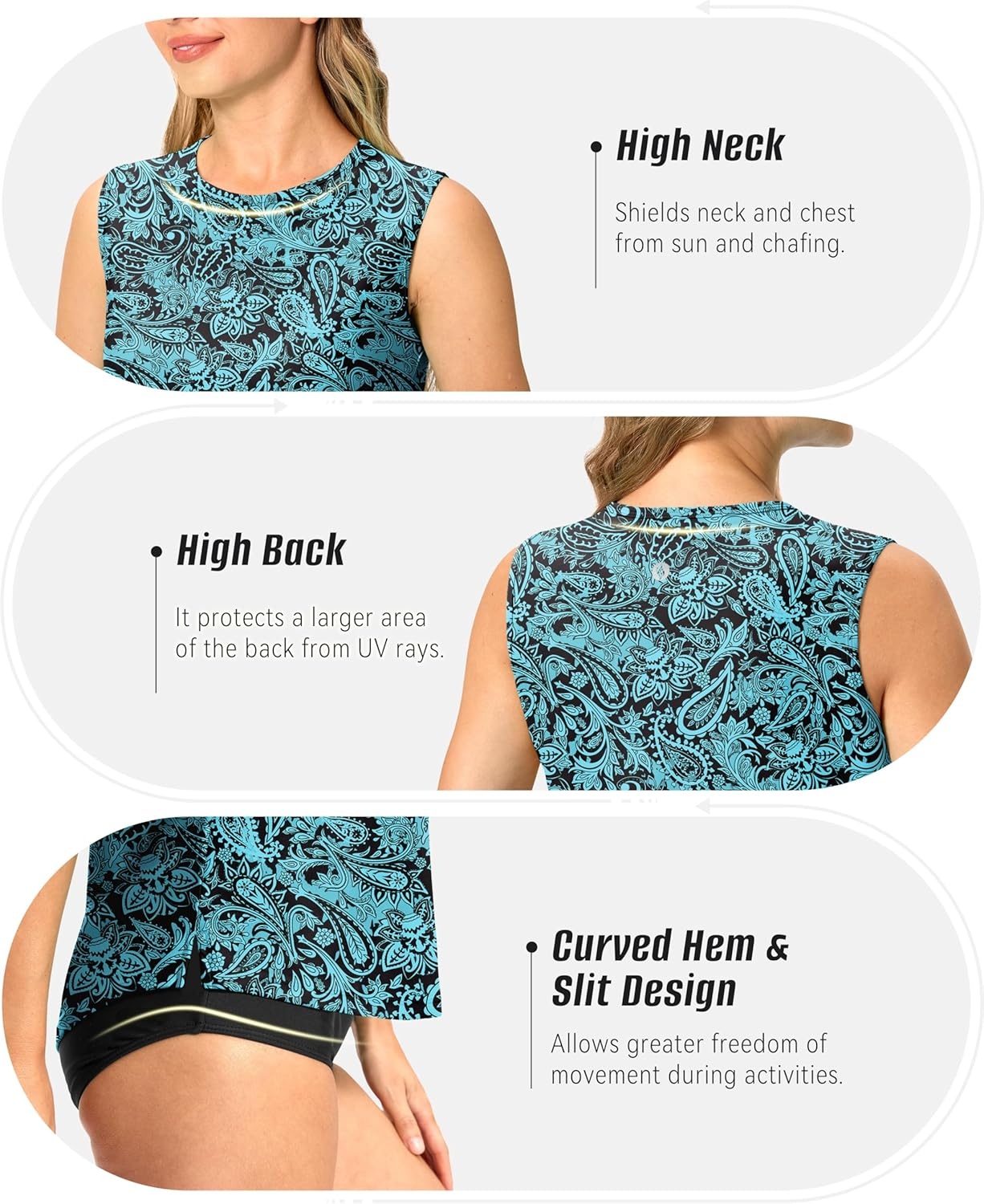 image:imageSANTINY Sleeveless Rash Guard for Women UPF 50 Modest Swimsuit Quick Dry High Neck Bathing Suit Swim Top Swim TankBlue Paisley