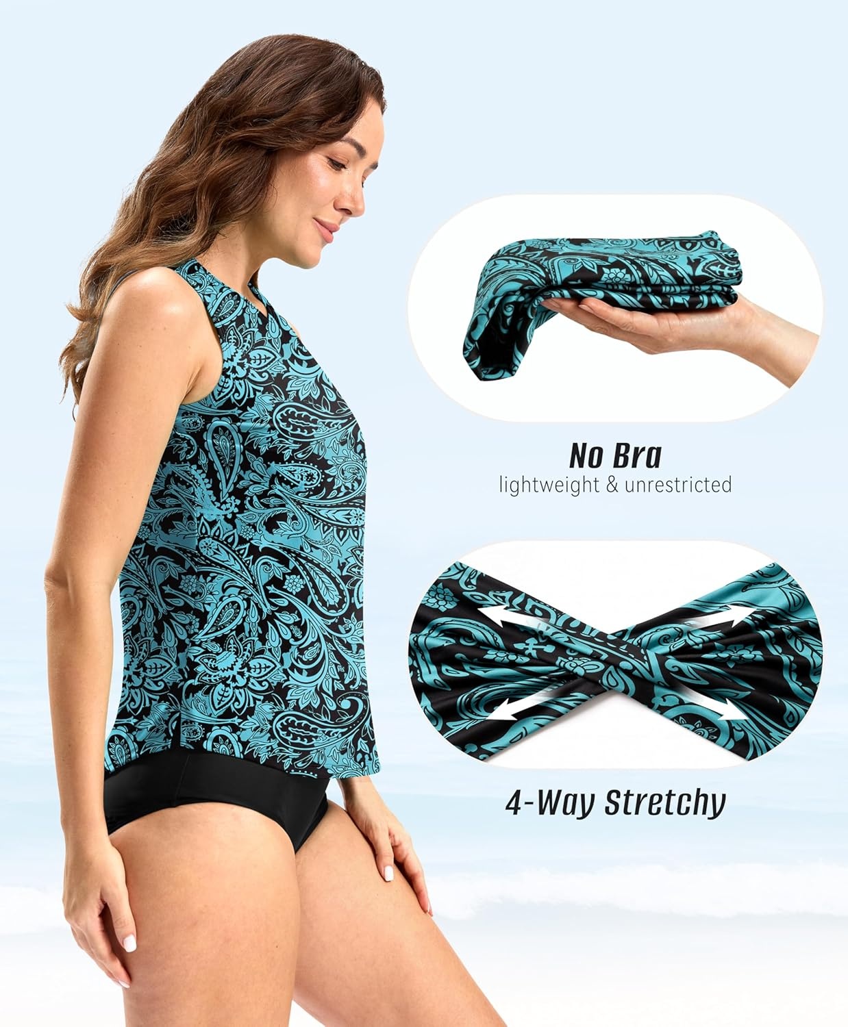 image:imageSANTINY Sleeveless Rash Guard for Women UPF 50 Modest Swimsuit Quick Dry High Neck Bathing Suit Swim Top Swim TankBlue Paisley