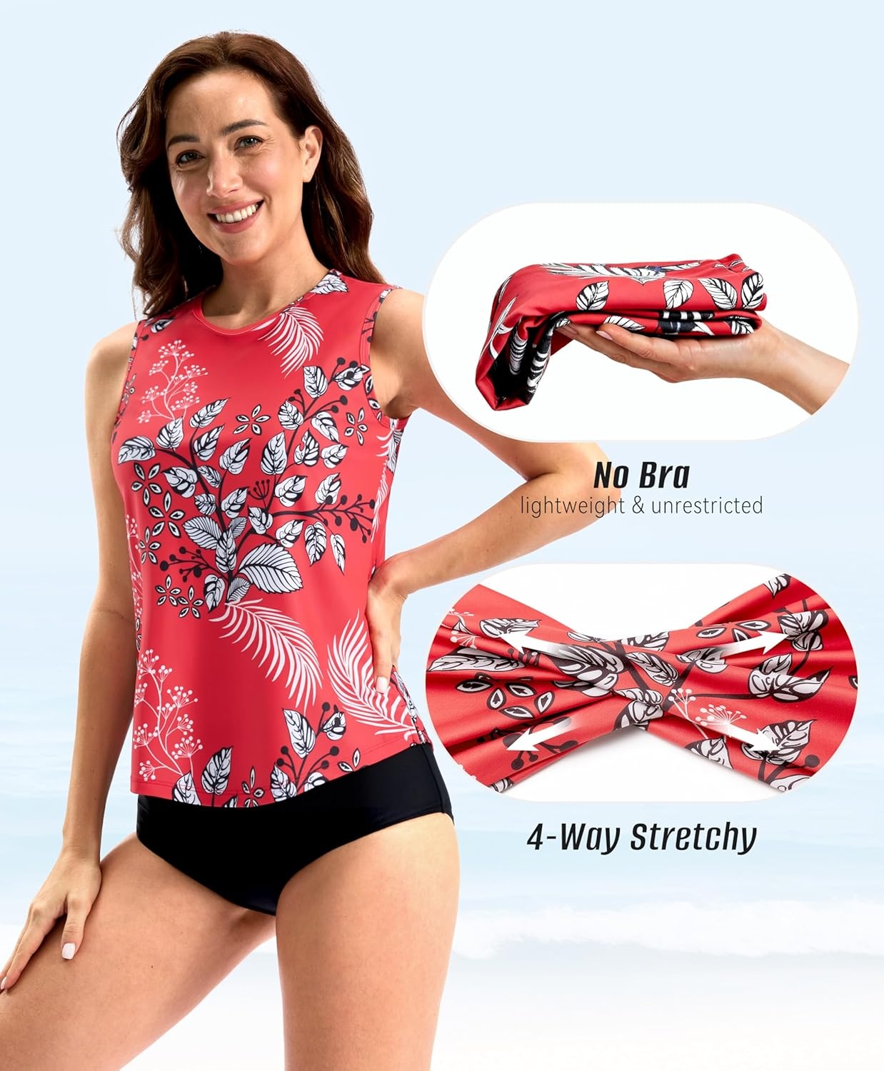 image:imageSANTINY Sleeveless Rash Guard for Women UPF 50 Modest Swimsuit Quick Dry High Neck Bathing Suit Swim Top Swim TankRed Flower