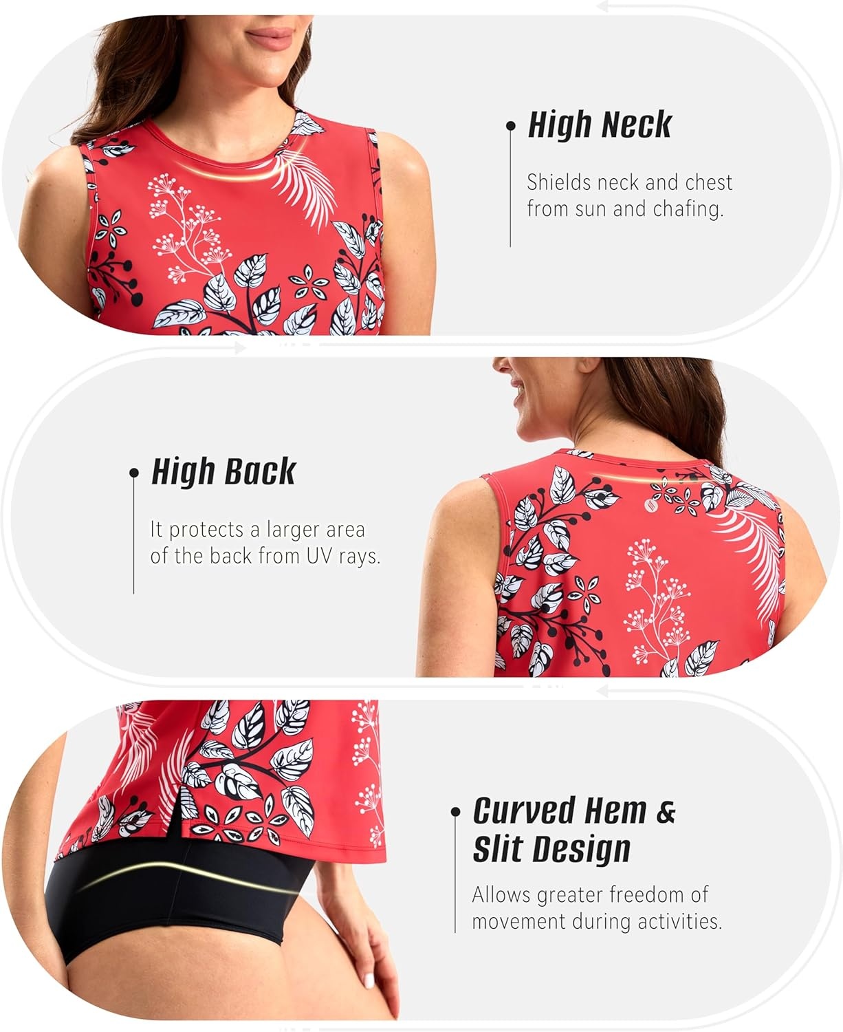 image:imageSANTINY Sleeveless Rash Guard for Women UPF 50 Modest Swimsuit Quick Dry High Neck Bathing Suit Swim Top Swim TankRed Flower