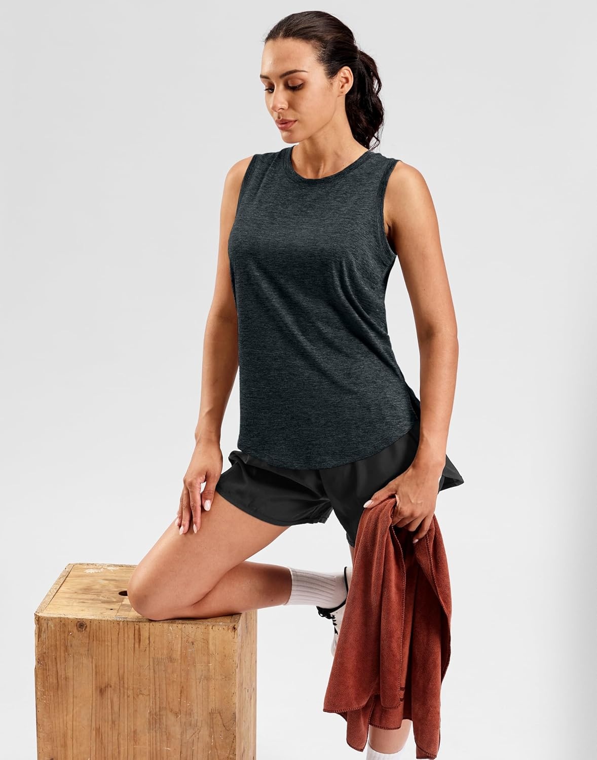 image:imageSANTINY Womens Lightweight Long Workout Tops Sleeveless Tennis Gym Yoga Shirts Athletic Running Tank Top for Women Loose FitBlack