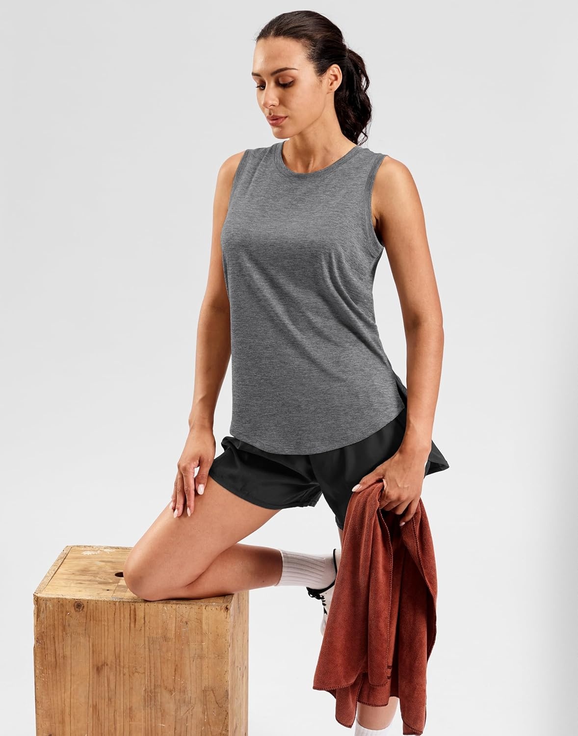 image:imageSANTINY Womens Lightweight Long Workout Tops Sleeveless Tennis Gym Yoga Shirts Athletic Running Tank Top for Women Loose FitDark Grey