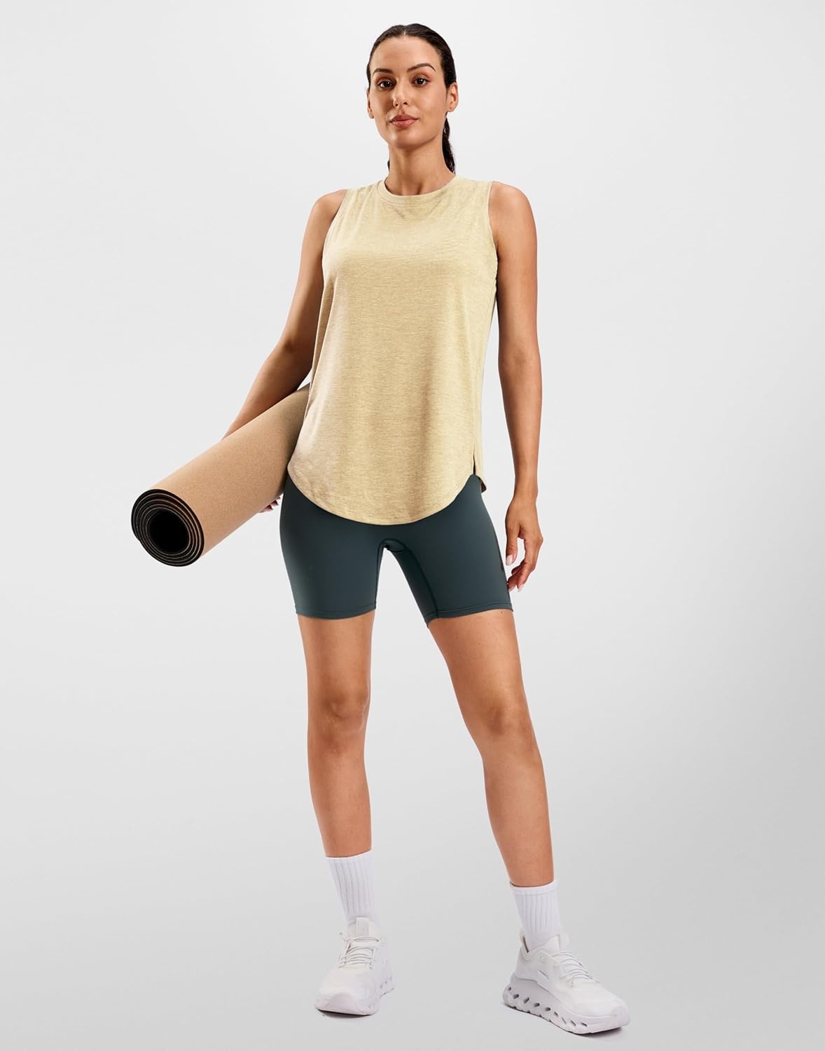 image:imageSANTINY Womens Lightweight Long Workout Tops Sleeveless Tennis Gym Yoga Shirts Athletic Running Tank Top for Women Loose FitKhaki