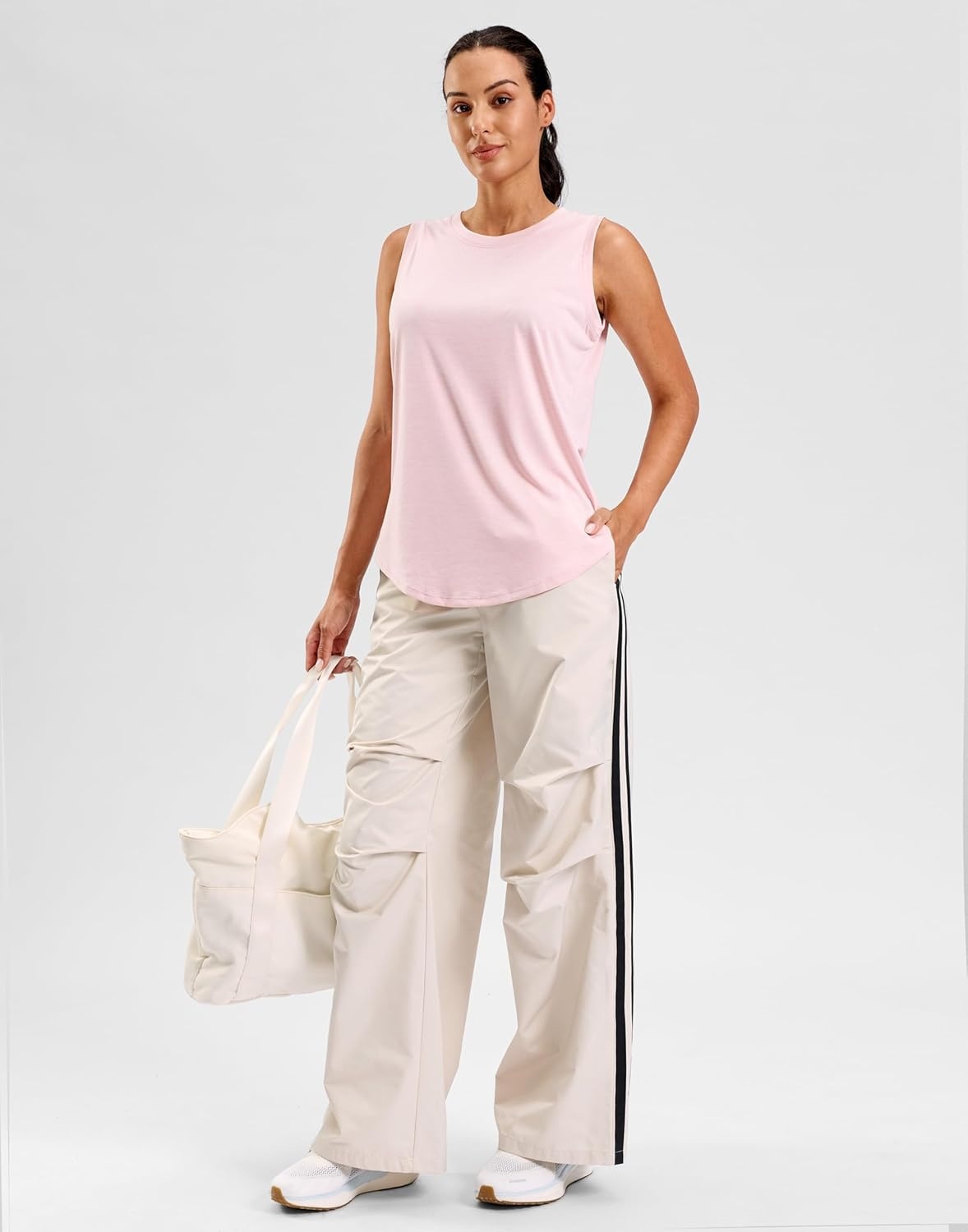 image:imageSANTINY Womens Lightweight Long Workout Tops Sleeveless Tennis Gym Yoga Shirts Athletic Running Tank Top for Women Loose FitLight Pink